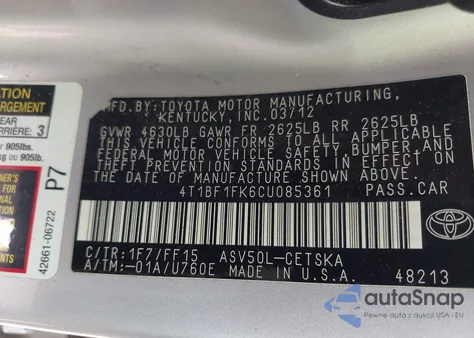 2012 Toyota Camry Se z USA, uszkodzony, nr VIN 4T1BF1FK6CU085361